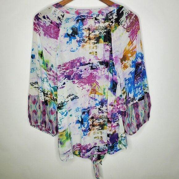 Figueroa & Flower Womens Blouse Colorful Abstract 3/4 Size 1X Tie Hem Semi Sheer - Picture 4 of 9